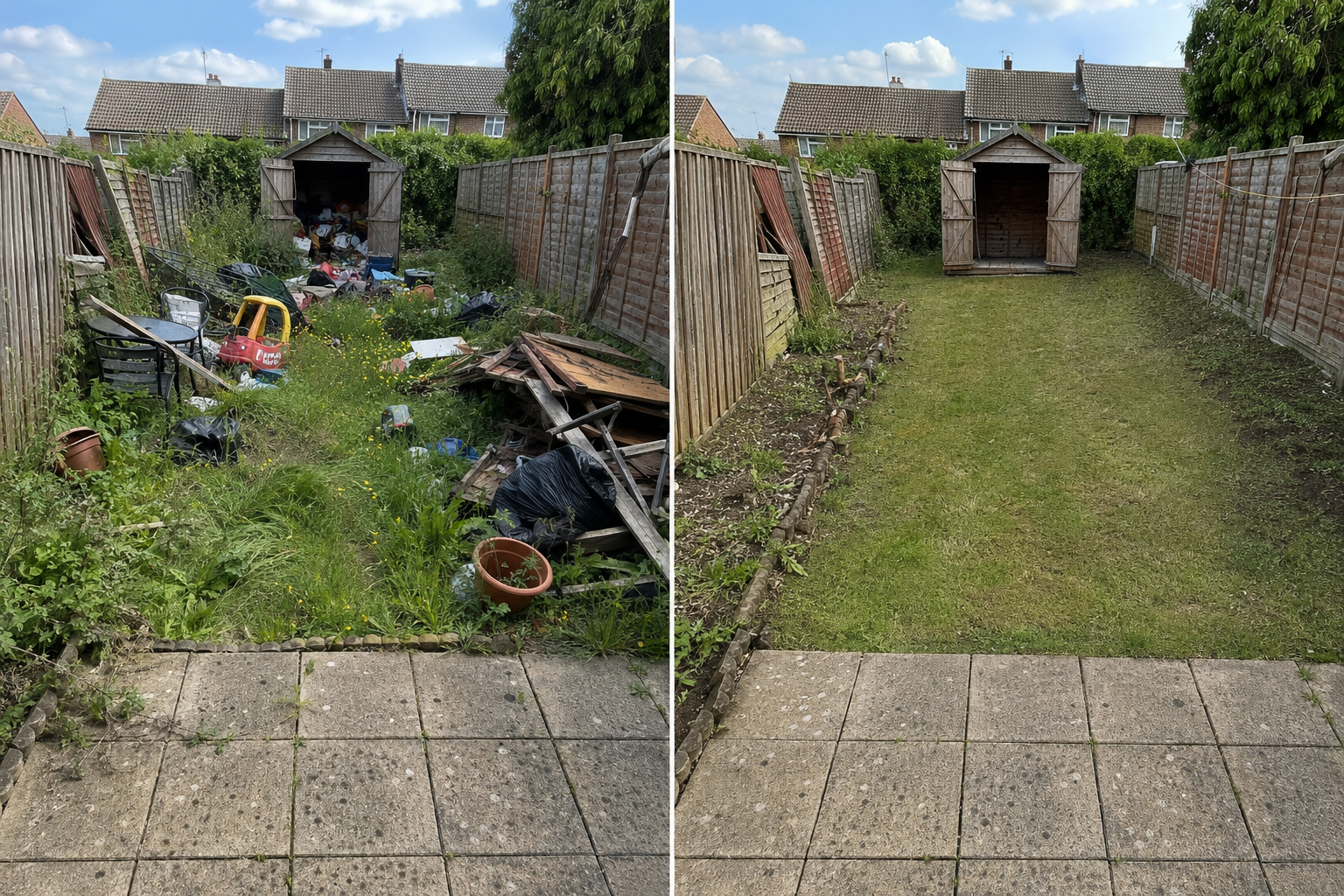 Before garden clearance result showing an overgrown outdoor area