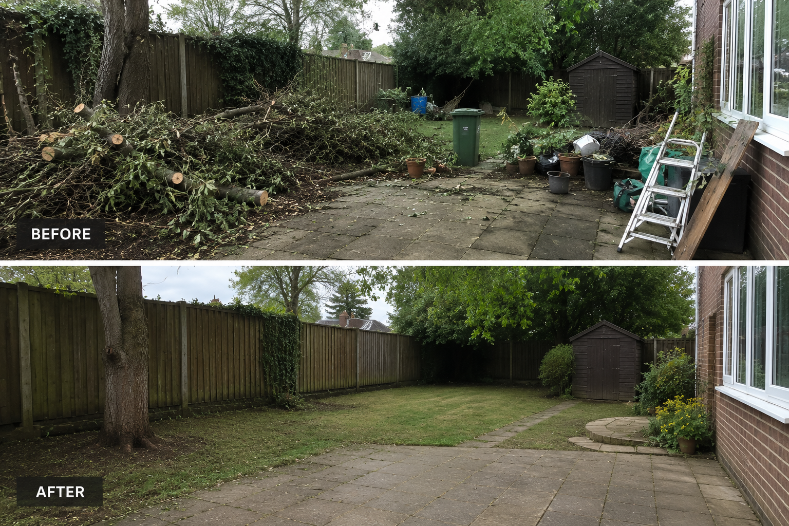 After garden clearance result showing waste removed and space improved