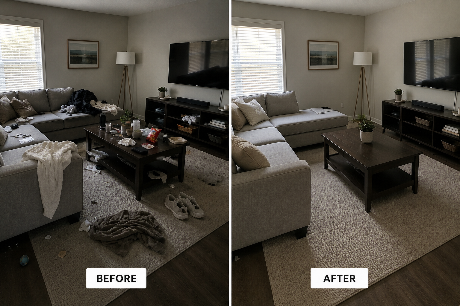 Residential cleaning result showing a cleaned room